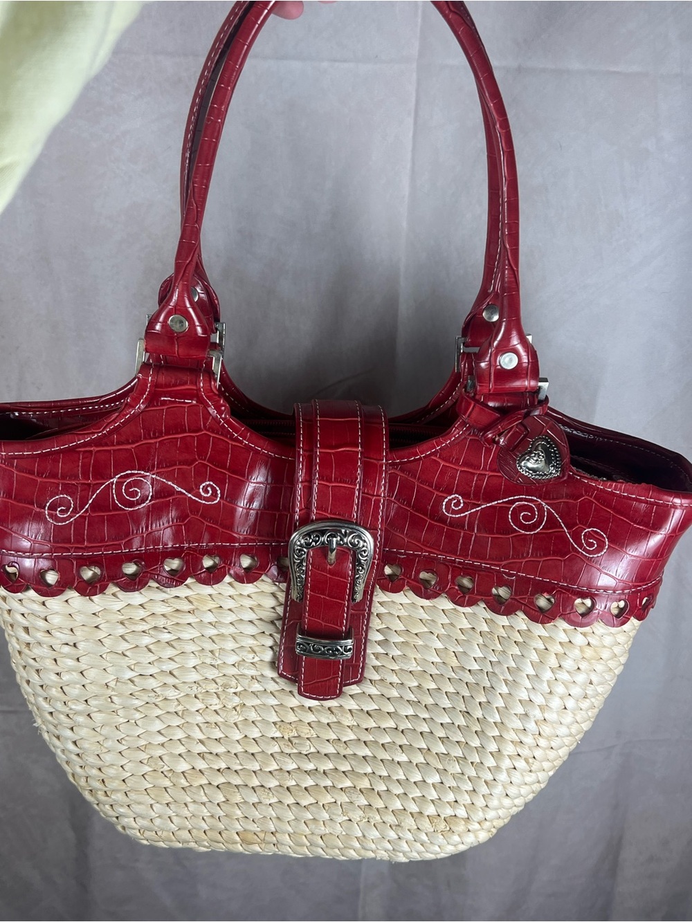 Red Croc Embossed Woven Straw Shoulder Bag Western Heart Buckle